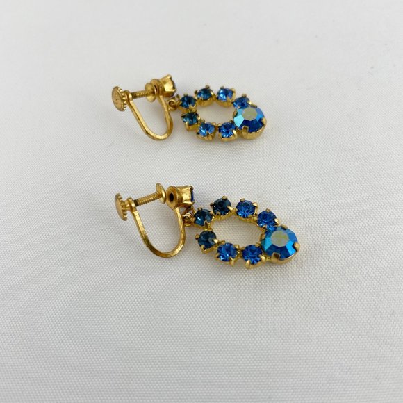 Blue Rhinestone Gold Tone Dangle Screw Back Earrings - Picture 3 of 6